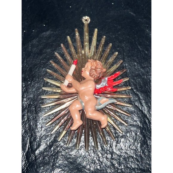 2 Vtg Cherub Angel Christmas Ornaments w/ Gold Rays Star Burst Red Wings Candle - Picture 2 of 5